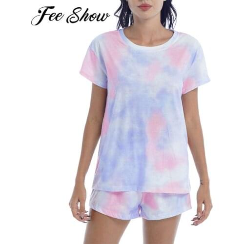 Women Summer Pajama Sets Casual Suits Tie Dye Print T-shirt and Shorts Yoga Set for Gym Fitness Leisure Household Suit Sleepwear