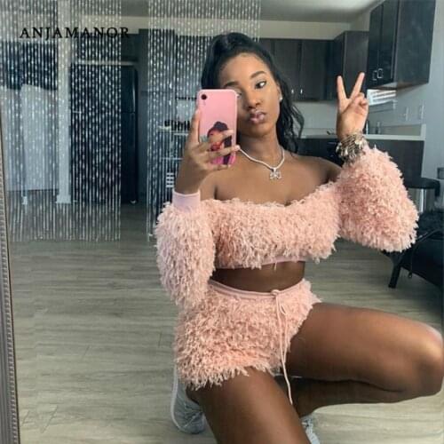 ANJAMANOR Pink Fluffy Sweater 2 Piece Set Women Off Shoulder Long Sleeve Crop Top Shorts Sexy Club Outfits Fall 2020 D19-EH38