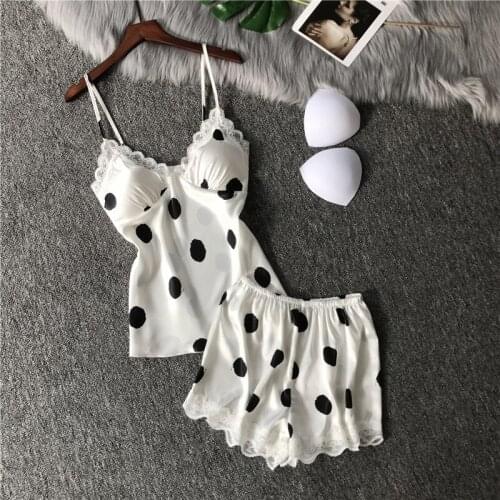 Women Sexy Pajamas Set 2pcs Lace Silk Satin Pajamas Summer Polka Dot Lingerie Women Spaghetti Strap Elegant Sleeveless Nightwear