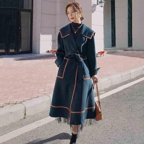 High-end Fashion Navy Wind Woolen Coat Women 2021 Autumn Winter New Thick Long Wool Overcoats With Belt Pocket Lady e296