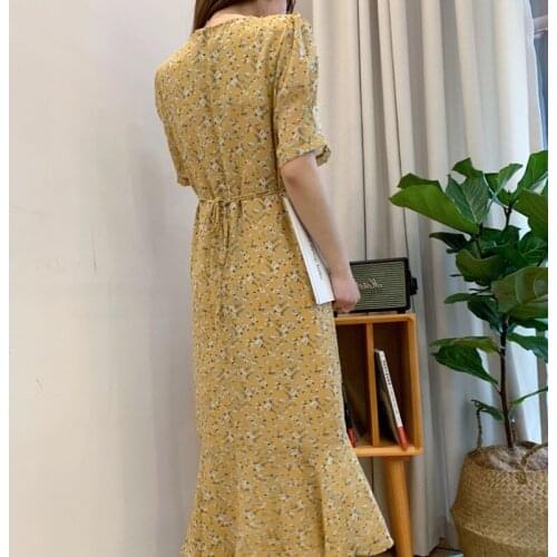 Korean 2020 Vintage Floral Print Women V-Neck Short Sleeve Summer Boho Chiffon Long Elegant Mermaid Maxi Dress Vestidos