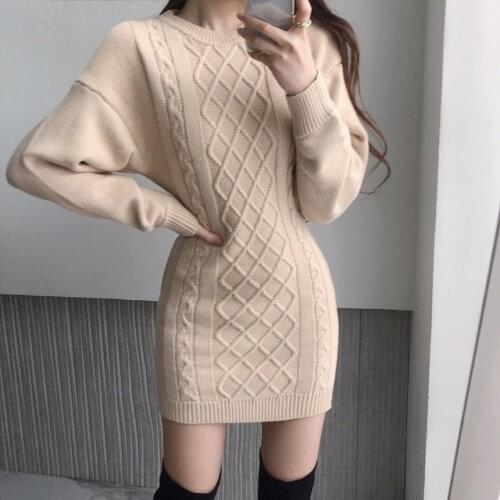 Korean Ins Autumn Winter Temperament Round Neck Sweater Dress Bodycon Open Back Slim Wrap Hip Knitted Dress Women Chic Thick