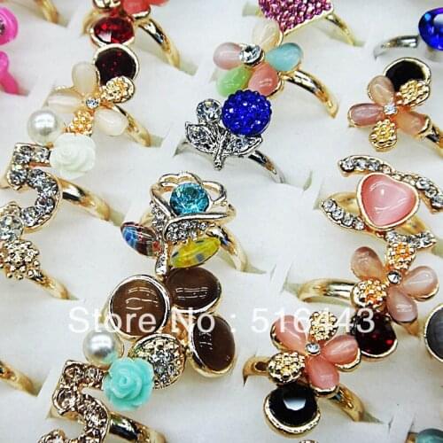 Charms New 10pcs Crystal Czech Rhinestones Pearl Stones Fashion Women Gold P Rings Adjustable Wholesale Jewelry Lots A-470