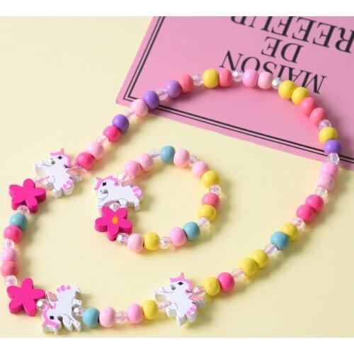 2PCS/SET Wooden Multicolor Cute Animal Bead Necklace Bracelet For Childrens Holiday Birthday Gift Party Jewelry Wholesale