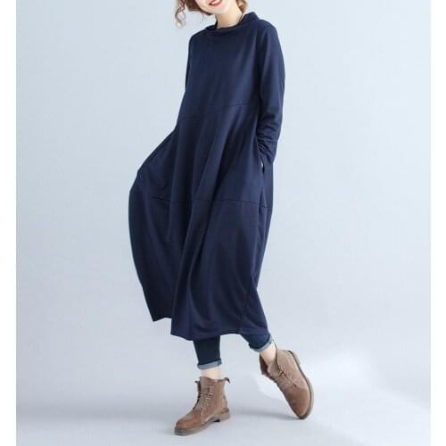2020 Winter Autumn Women Cotton Linen Dress Warm Long Sleeve Shirts Blouses High Neck Vintage Lantern Skirt Tunic Midi Dress