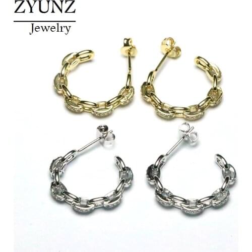 4 Pairs, Circle Chain Stud Earrings Jewelry CZ Micro Paved Cubic Zircon Fashion Earrings