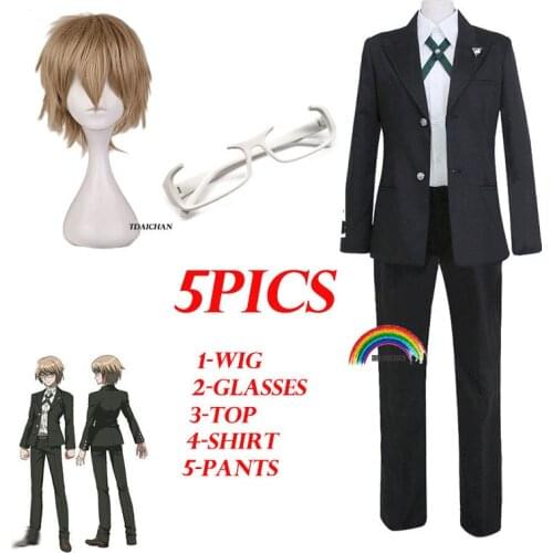 5PICS Danganronpa Togami Byakuya Cosplay Wigs Short Fluffy Layered Synthetic Hair Halloween Costume Party Wigs Wig Cap Glass