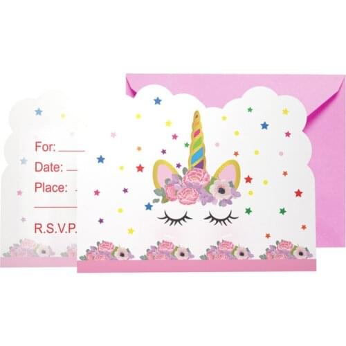 6pcs/lot Cartoon Unicorn Theme Birthday Party Invitation Cards Children Pink Wedding Invitations Girl Baby Shower Party Supplies