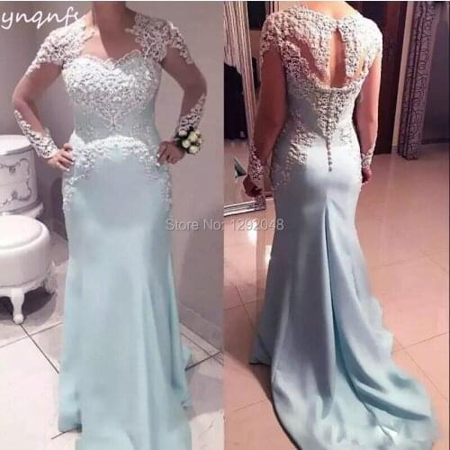 Satin Beaded Lace Appliques Elegant Sheer Long Sleeve White/Blue Mother of the Bride Dresses Two-tone Party Robe YNQNFS MD251