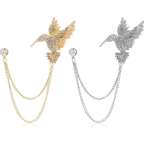 New Bird Eagle Tassel Brooch Pins Animal Rhinestone Crystal Chain Lapel Pin Suit Badge Fashion Brooches for Men Accessories