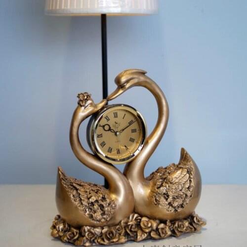 Swan clock European classic bronze villa hotel decoration ornament quartz watch Desk Clock