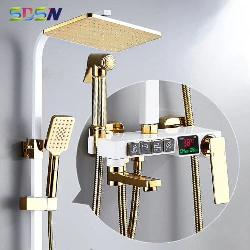 SDSN Digtal Shower Set White Gold Thermostatic Bathroom Shower Faucet Rainfall Bathtub Shower Head Intelligent Bath Shower Set