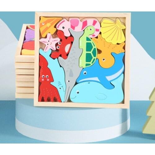 Wooden Puzzle Cartoon Cognition Tangram Cutting Water Painted Shape Matching Jigsaw Educational Toy Gift for Preschool