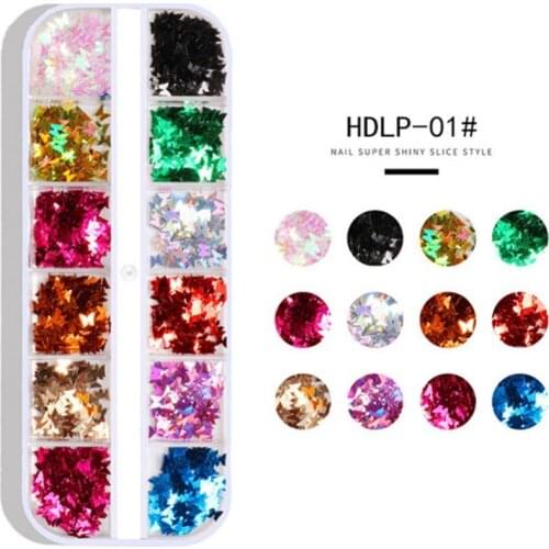 12 Colors Holographic Mirror Butterfly Nail Sequins Ultra-thin Flake Nail Glitter Gold Pink Rainbow Gel Polish Manicure Decorati