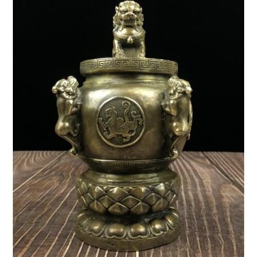 China archaize brass lion jar crafts statue