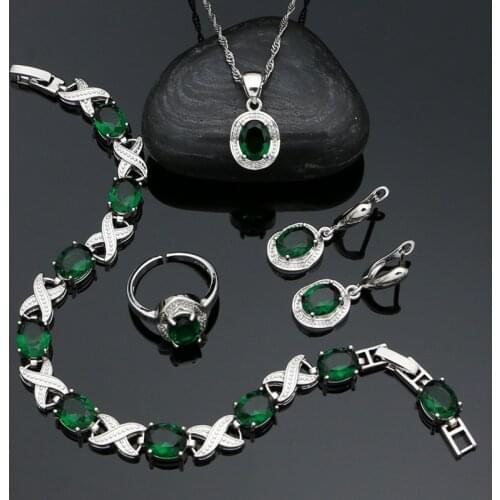 Natural Green Emerald 925 Sterling Silver Jewelry Set Prom Jewelry Open Ring Pendant Chain Bracelet Drop Earring