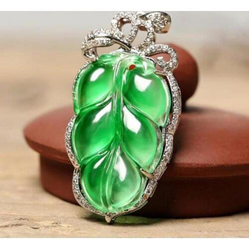 Natural Emerald Jadeite Leaf Jade And Silver Pendant Men Women Genuine Burma Green Ice Jades Stone Leaves Pendants Amulet Gifts