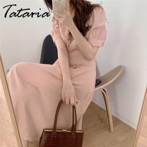 Summer Skirt Dresses for Women 2021 Cotton Linen Thin Soft Girl Dress Puff Sleeve V Neck Pink Lace Up Mid Dress Botton Vestidos