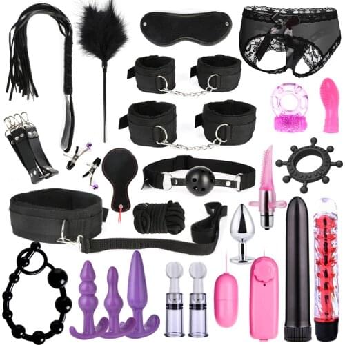 Bondage Set Adults Sex Toys For Women Men Handcuffs Nipple Clamps Whip Spanking Sex Metal Anal Plug Vibrator Butt Bdsm BDSM Kits