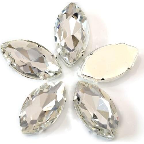 5 Sizes Clear Horse Eye / Navette Marquise Crystal Glass Sew On Rhinestone With Silver Claw Apply To Clothing Decoration B0359