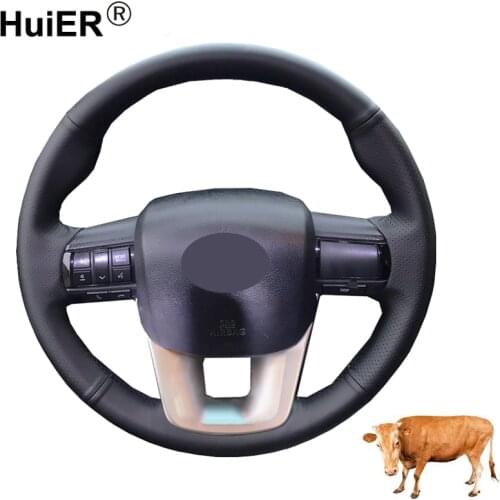Hand Sewing Car Steering Wheel Cover Wrap Cow Leather For Toyota Fortuner 2016 - 2018 2019 2020 2021 Hilux 2015 2016 2017-2021