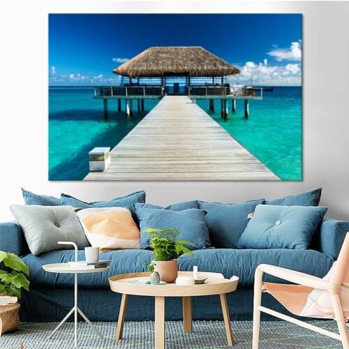 Modern Seascape Posters and Prints Wall Art Canvas Painting Beautiful Wooden Bridge Pictures for Living Room Home Decor No Frame