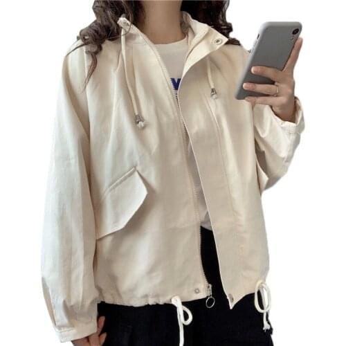 New Spring Autumn Trench Coat Women Solid Stand Collar Zipper Short Outerwear Loose Casual Student Coat Tops Female Windbreakers