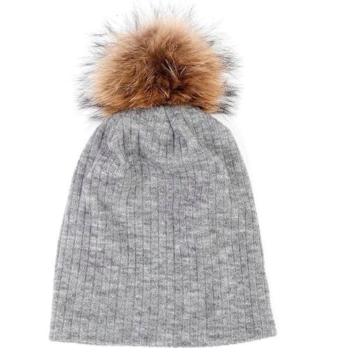 Charm Wood Fashion Woman Ribbed Beanie Hat Cotton Skull Caps For Adults Female Beanies Soft Warm With 15cm Real Fur Pompom
