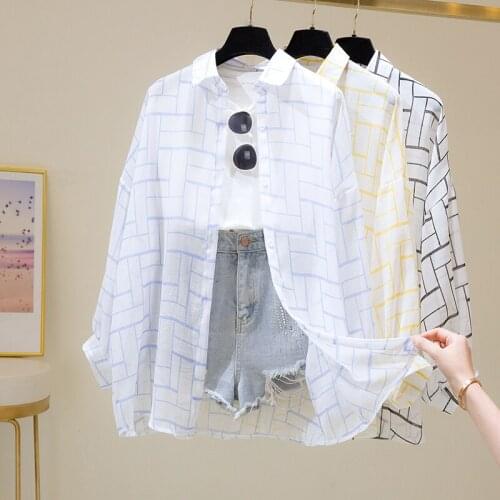 Sun protection clothing women shawl summer loose check chiffon shirt long-sleeved breathable cardigan thin coat blouse