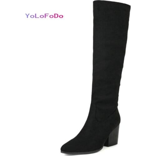 2021 Autumn Winter Women Knee High Boots Faux Suede Women Square High Heel Boots Fashion Pointed Toe Zipper Womens Boots Brown