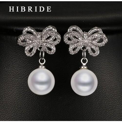HIBRIDE Fashion Pearl Earrings For Women CZ Micro Insert Flower Shape Gold Color Pearl Pendant Earrings For Ladies Gifts E-15