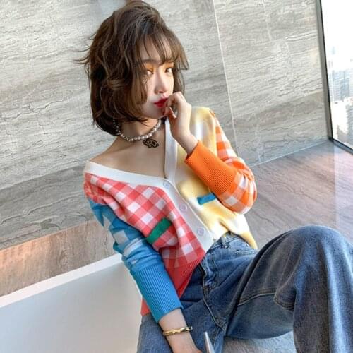 Plaid Single-breasted Knit Knitting Cardigan Sweater Loose V-Neck Sleeve Women New Fashion Spring Autumn 2021 Z437