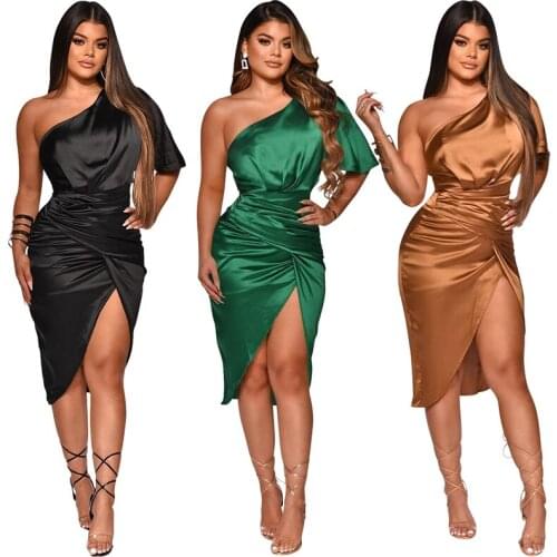 Women Fashion Satins Mini Dress Irregular One Shoulder Solid Pleated Fitness Package Hip Dress Split Evening Party Clubwear XXL