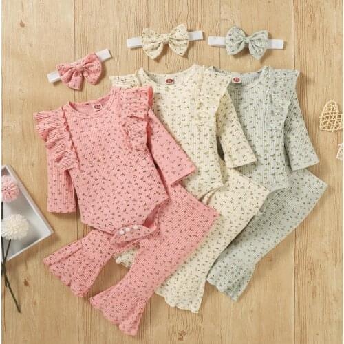 3 Pcs Newborn Girls Floral Outfits Toddler Fly Sleeve Round Neck Romper Flared Pants Bowknot Headband Cotton Babys Sets