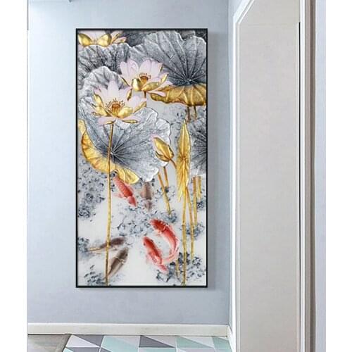 Abstract Canvas Modern Nasturtium and Koi Fish Painting Posters and Prints Mural Gallery, Living Room Decoration Wall Decoration