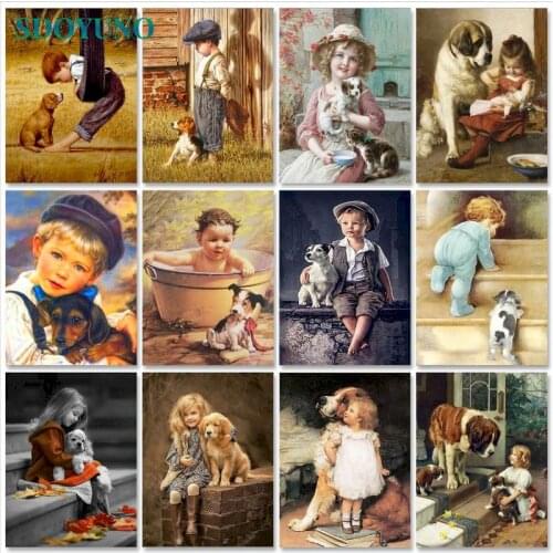 SDOYUNO Acrylic Paint By Numbers Girl And Dogs DIY 60x75cm Oil Painting By Numbers Digital Canvas Painting Figure Home Decor