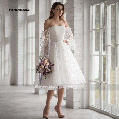 White Dot Tulle Short Wedding Dresses Long Puff Sleeves Lace Up Strapless Knee-Length A-Line Bridal Gowns Robe De Mariée France