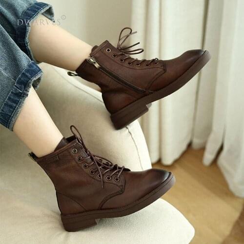 Handmade Classic Martin Boots Women Genuine Leather Lace-Up Oxfords Round Toe chunky ankle boots Black/Brown/Off White
