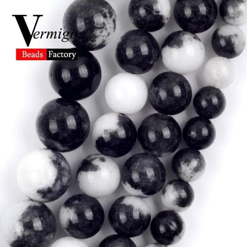 6/8/10mm Black White Spot Jades Round Beads Natural Stone Beads for Jewelry Making diy Bracelets Necklace Accessories