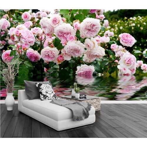 CJSIR Papel De Parede Custom Photo Mural Wallpaper Rose Garden Pink Rose Water Pastoral TV Background Wall 3d Wallpaper Decors