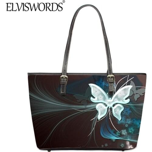 ELVISWORDS 2020 Fashion Tote Handbag for Women Butterfly Art Design Casual PU Leather Bag Durable Female Large Shoulder Bag
