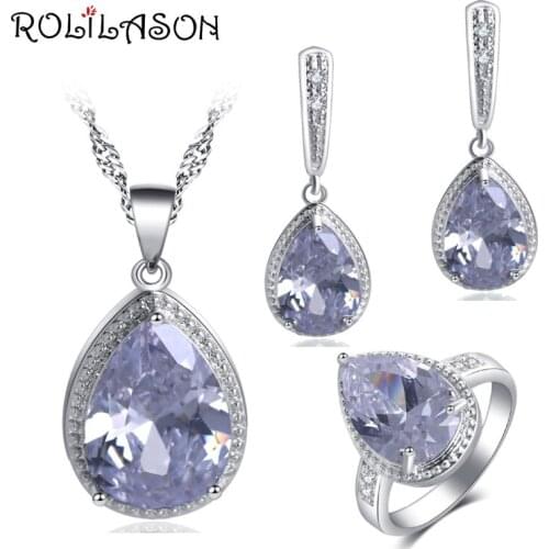 ROLILASON Cheap Price Water Drop Design 925 Silver White Zircon For girl Earrings Necklace Rings Jewelry Sets JS735