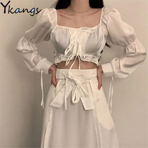 Summer Sexy Gothic 2pcs Set Square Collar Lace-Up Cropped Blouses + High Waist Midi Pleated Skirts Women Casual Solid 2Pcs Suit