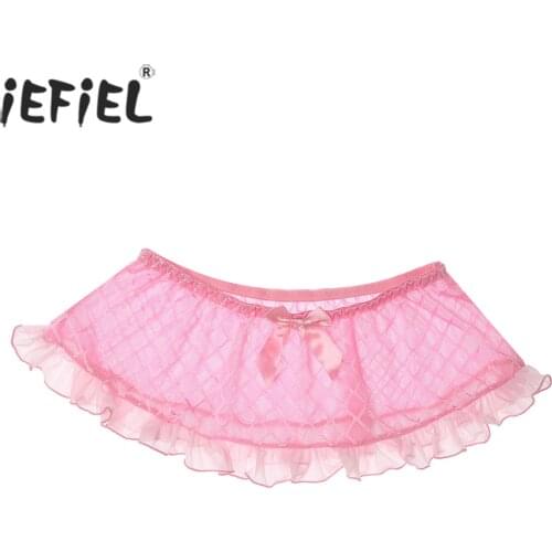 Men See-through Mesh Lip/Dots/Plaid Pattern Mini Skirts Elastic Waistband Slim Fit Ruffles Miniskirt Gay Sheer Lingerie Skirts