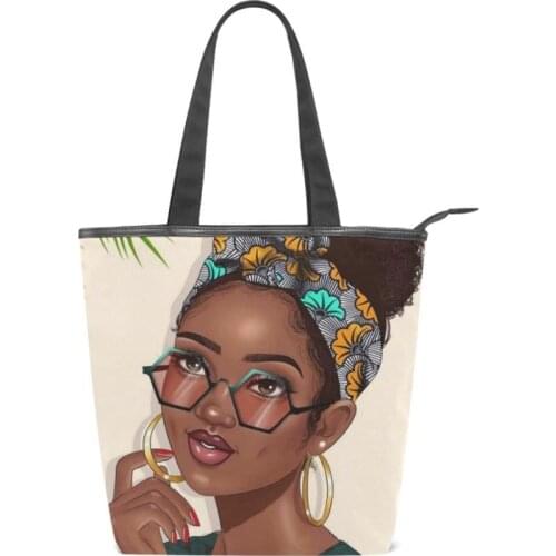 Reusable Shopping Bag Eco Afro Girls Black Women Handbag Foldable Beach Bag Daily Use Shoulder Bags Casual Canvas Tote Satchel