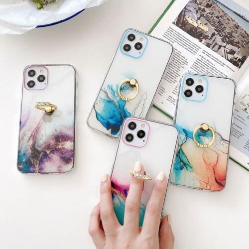Fashion Finger Ring Holder Phone Case For iPhone 12 Pro Mini Max 11 XR X XS Max 7 8 SE Plus Shell Soft IMD Marble Texture Cover