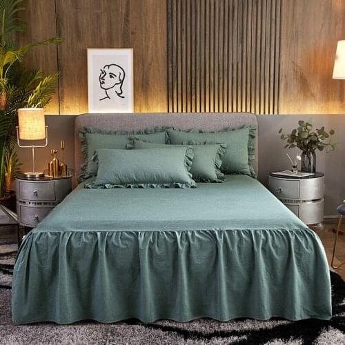 2020 new products Dyed washed cotton Bed spread Fitted Sheet Pillowcases 2/3 pcs Pure color lotus leaf lace Princess bedding