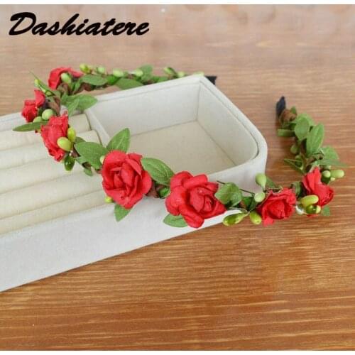Green Leaves Flower Hair Hoop Children Alice Head Band Greenery Garland Red Mini Rose Berry Rattan Crown Women Girls Headwear