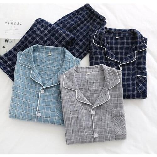 Men Women Couple Plaid Pajamas Cotton Pyjamas 2-piece Set Home Clothes Turn-down Collar Button Sleepwear Long Sleeve Lounge Wear