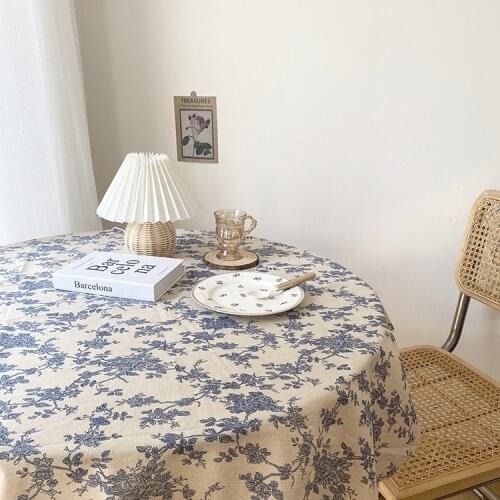 Ins Simple Tablecloth Small Fresh Cotton Linen Blue Flower Home Decoration Shooting Background Table Cloth Tapetes Shabby Chic